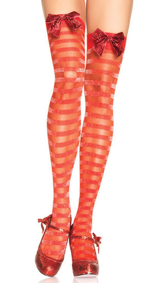 輸入下着 LLA6551 Lurex Striped Sheer Thigh Highs with Glitter Bow